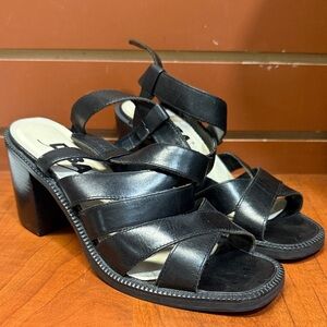 Diba Black Leather Strappy Block Heel Sandals